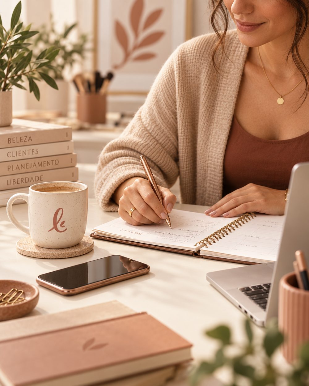 Profissional escrevendo em uma agenda ao lado de um café, com o celular por perto — rotina de quem atende e cuida de muita coisa ao mesmo tempo