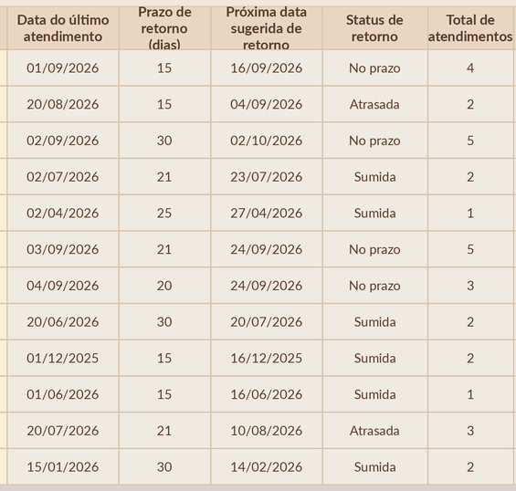 Data do último atendimento, prazo de retorno, status e total de atendimentos de cada cliente