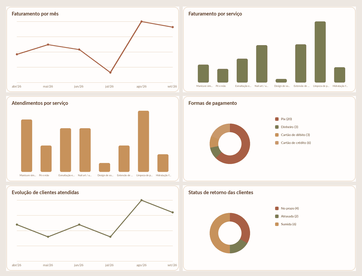 Gráficos do Dashboard: faturamento por mês e por serviço, atendimentos por serviço, formas de pagamento, evolução de clientes atendidas e status de retorno