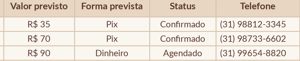 Valor previsto, forma de pagamento prevista, status e telefone de cada atendimento