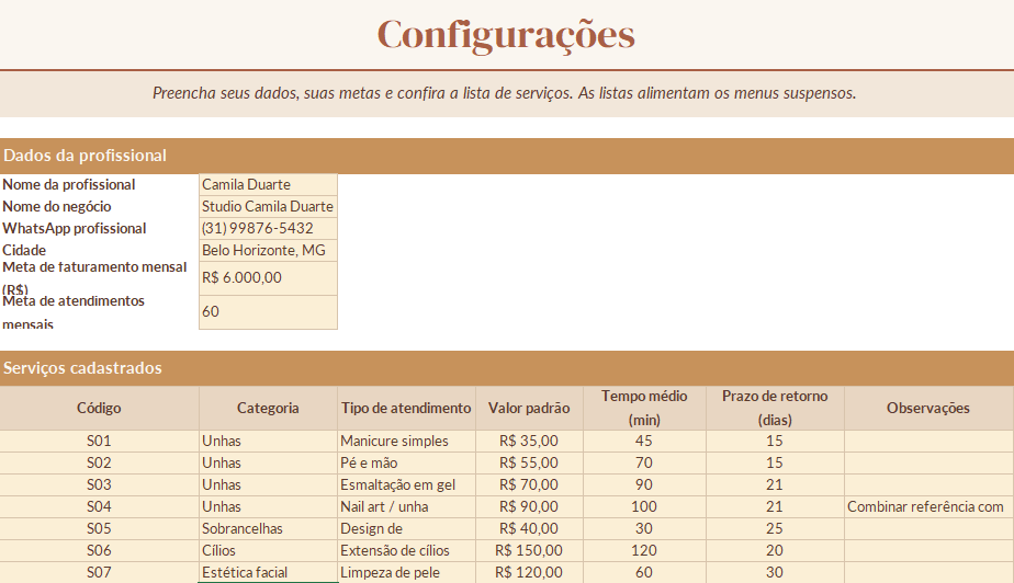 Captura de tela real da aba Configurações do LembraEla, com dados da profissional, metas e a lista de serviços cadastrados